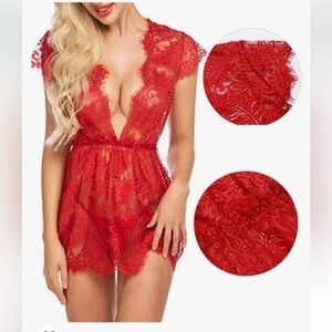 Avid Love Sexy Lace Mini Dress Lingerie V-neck V-back Red Extra Large